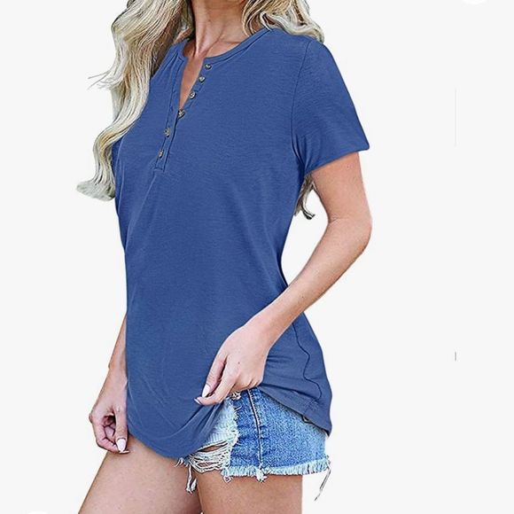 MISFAY Short Sleeve Henley Shirt in Blue - Picture 2 of 6